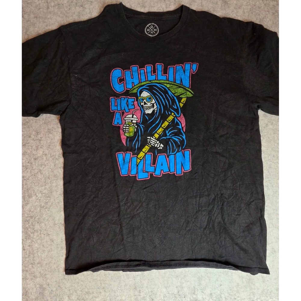 DXM Chillin Like A Villain Grim Reaper Graphic Tee Black Neon Goth Mens Large